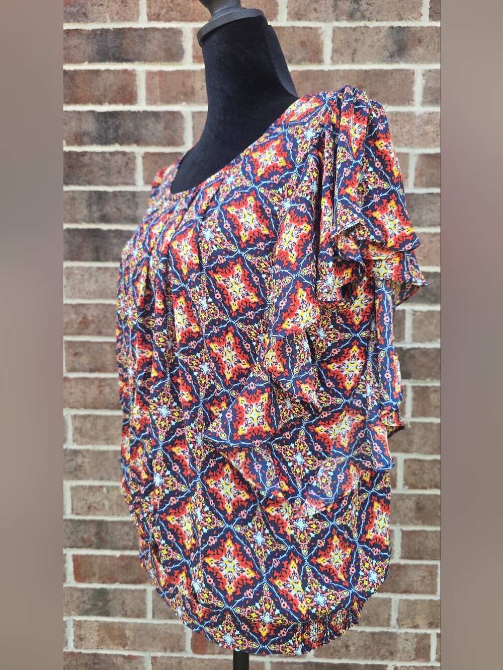 Black Rainn Medium Boho Print Flutter Sleeve Blouse Navy Multicolor